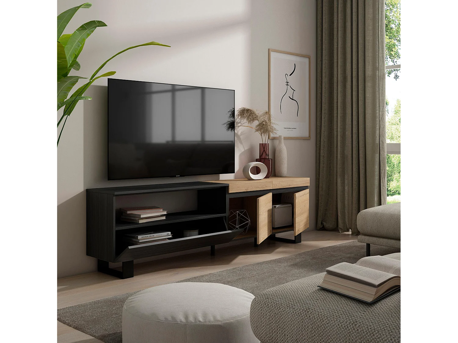 Meuble TV, Banc Télé, 200x35x57cm, Pour les TV jusqu'à 80", Design industriel, Chêne et noir