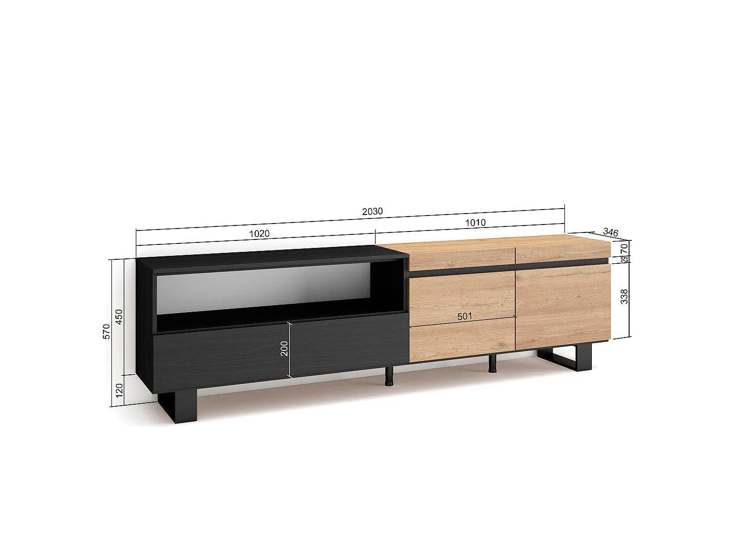 Meuble TV, Banc Télé, 200x35x57cm, Pour les TV jusqu'à 80", Design industriel, Chêne et noir