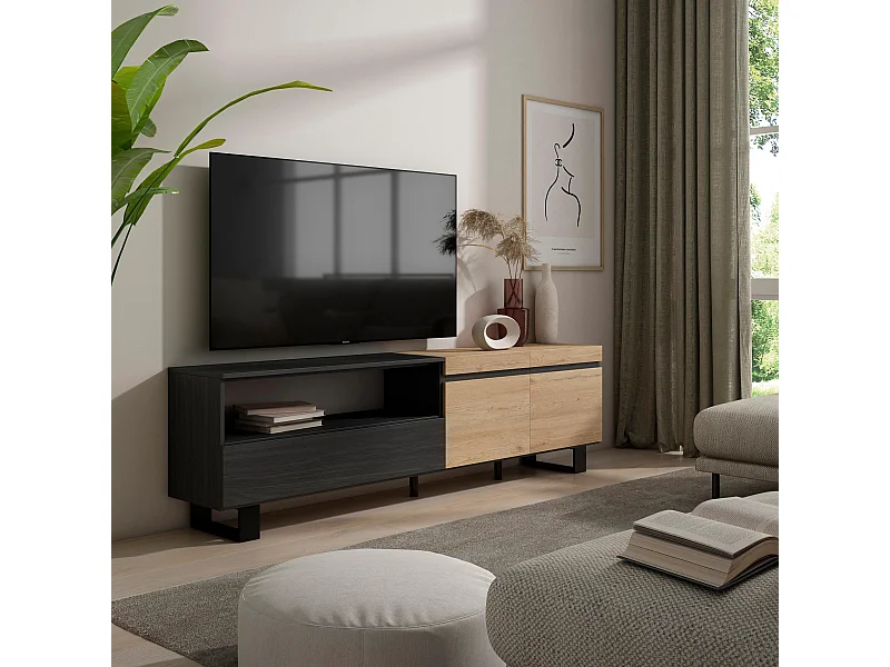 Mueble TV, Televisión, 200x35x57cm, Para TV hasta 80", Diseño industrial, Roble y negro