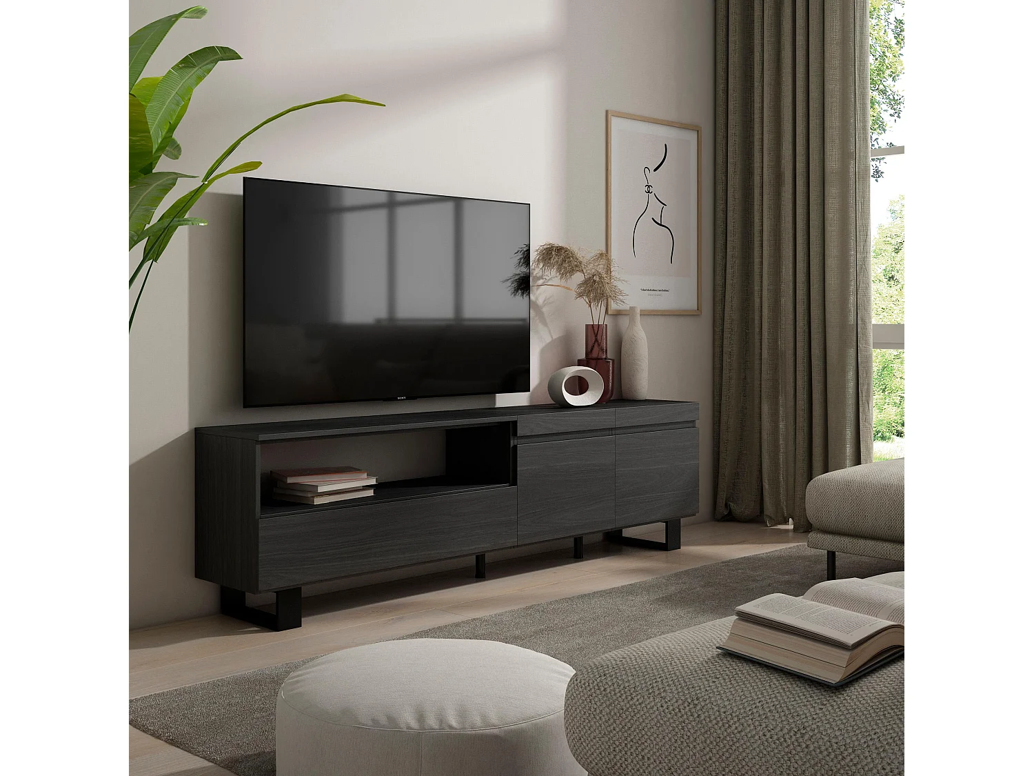 TV-Schrank, Lowboard, 200x35x57cm, Für TV-Geräte bis zu 80", Industriedesign, Schwarz