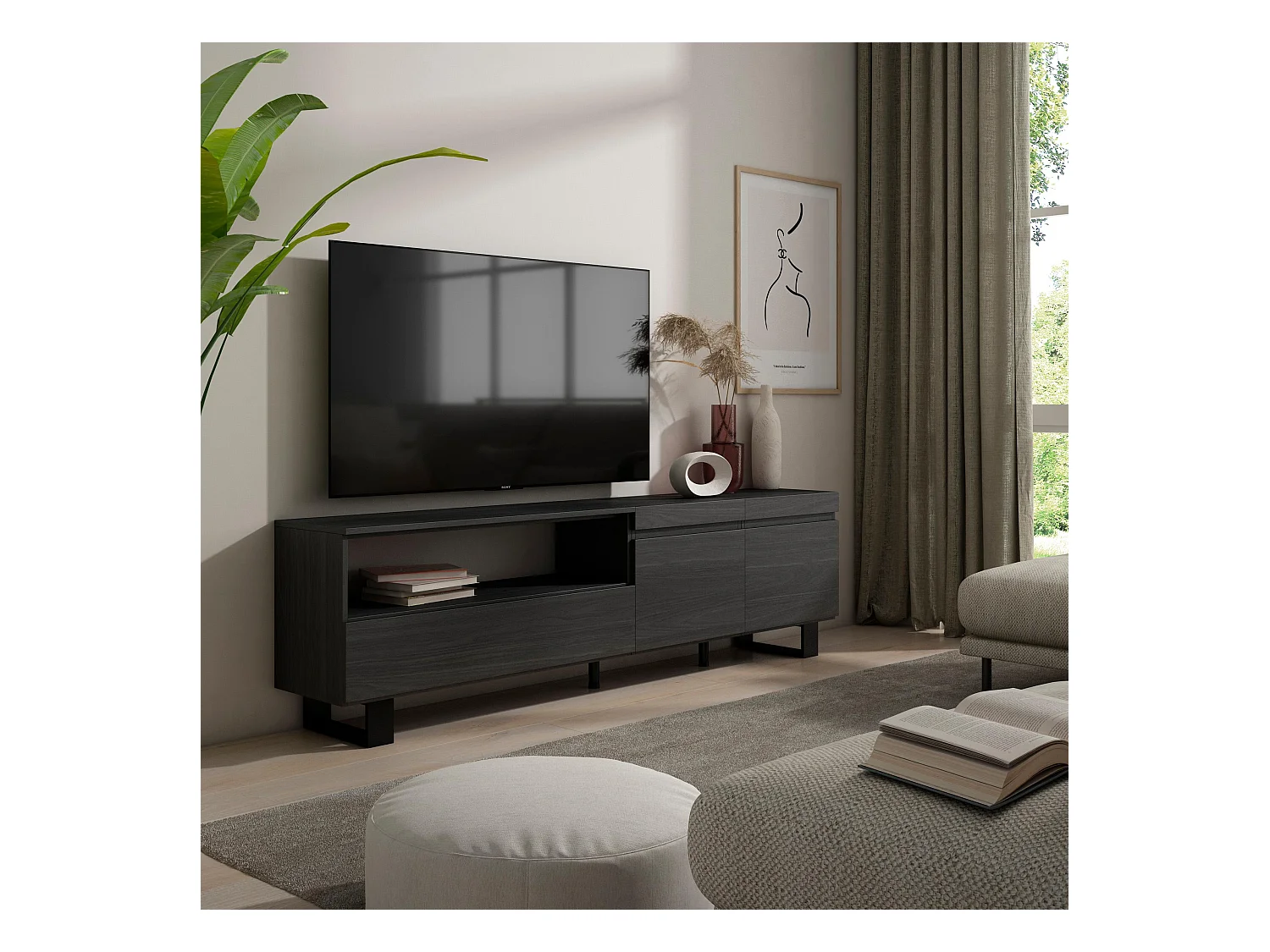 Meuble TV, Banc Télé, 200x35x57cm, Pour les TV jusqu'à 80", Design industriel, Noir