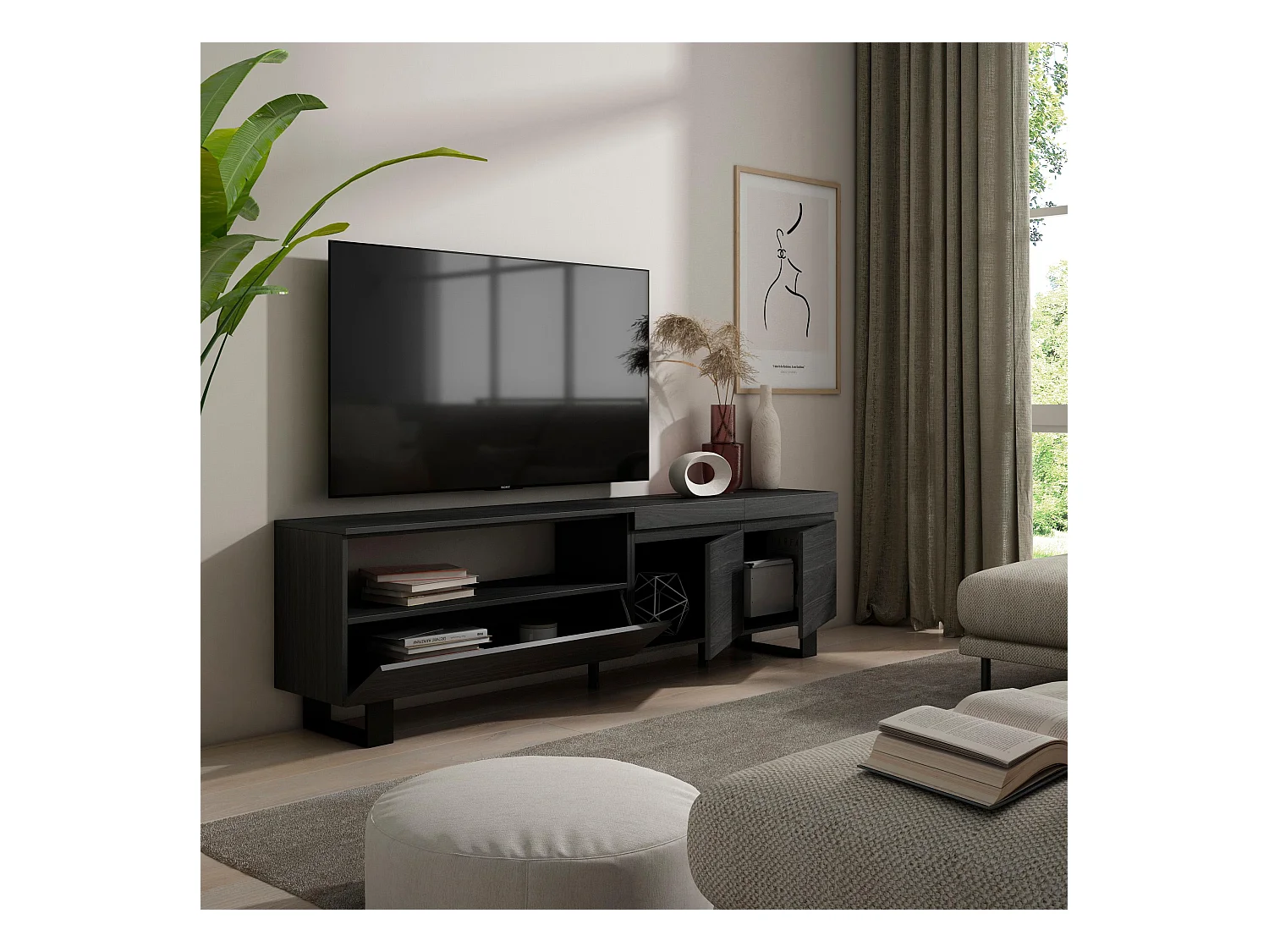 Meuble TV, Banc Télé, 200x35x57cm, Pour les TV jusqu'à 80", Design industriel, Noir