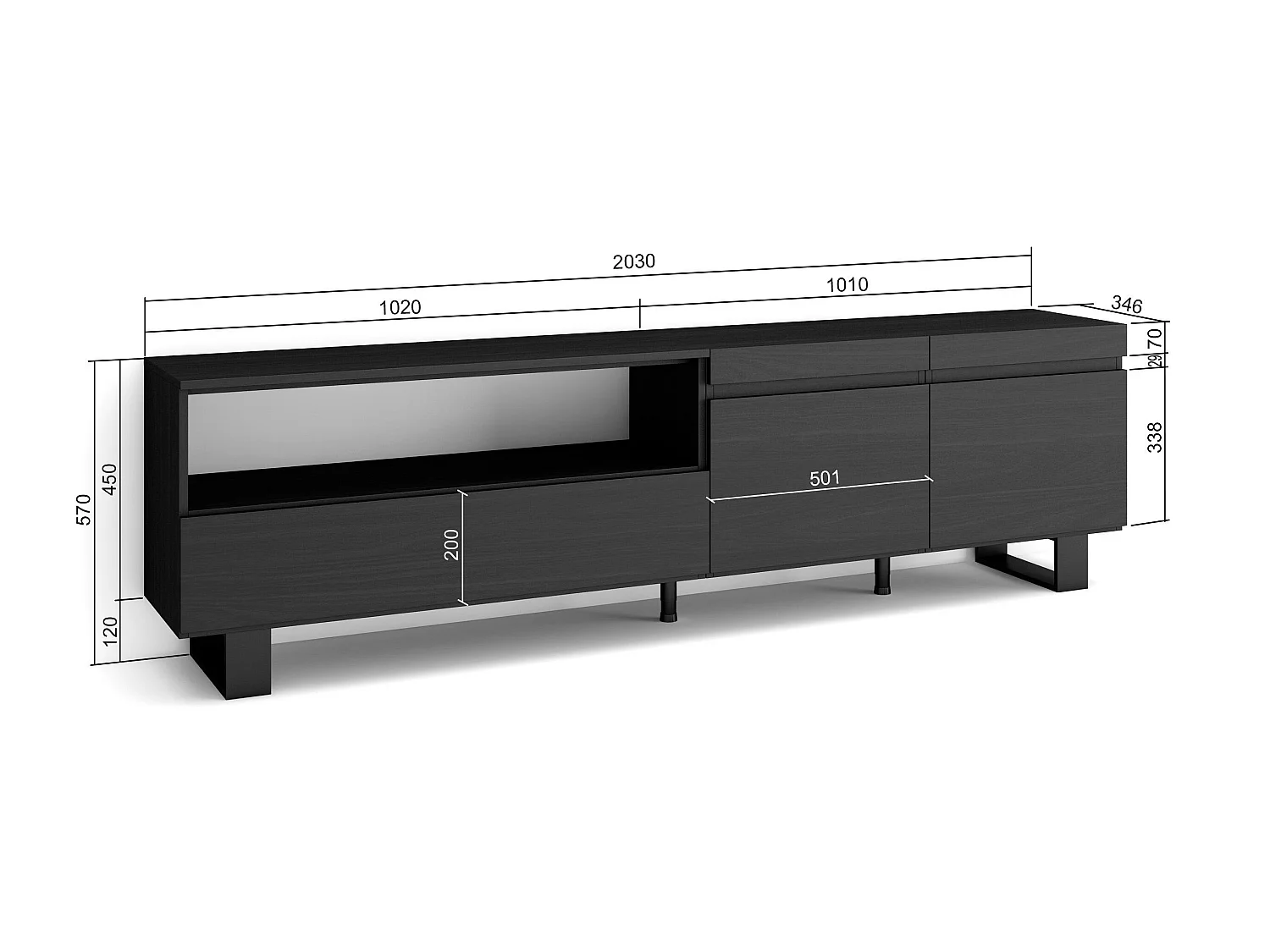 Meuble TV, Banc Télé, 200x35x57cm, Pour les TV jusqu'à 80", Design industriel, Noir