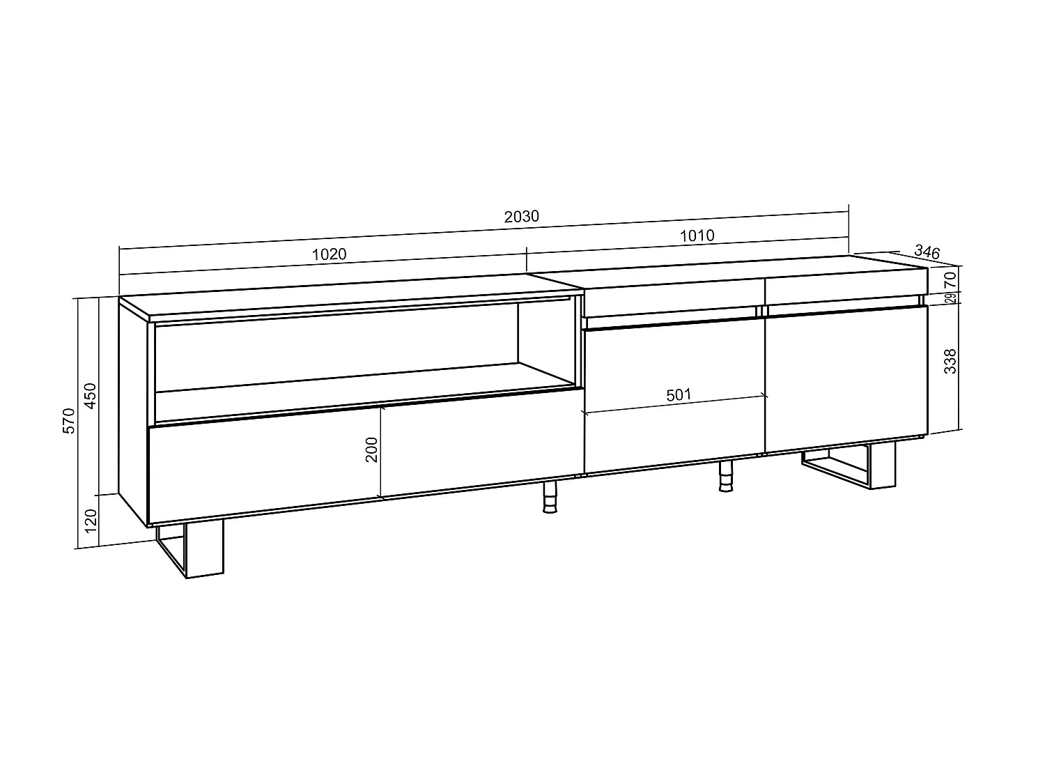 Meuble TV, Banc Télé, 200x35x57cm, Pour les TV jusqu'à 80", Design industriel, Noir
