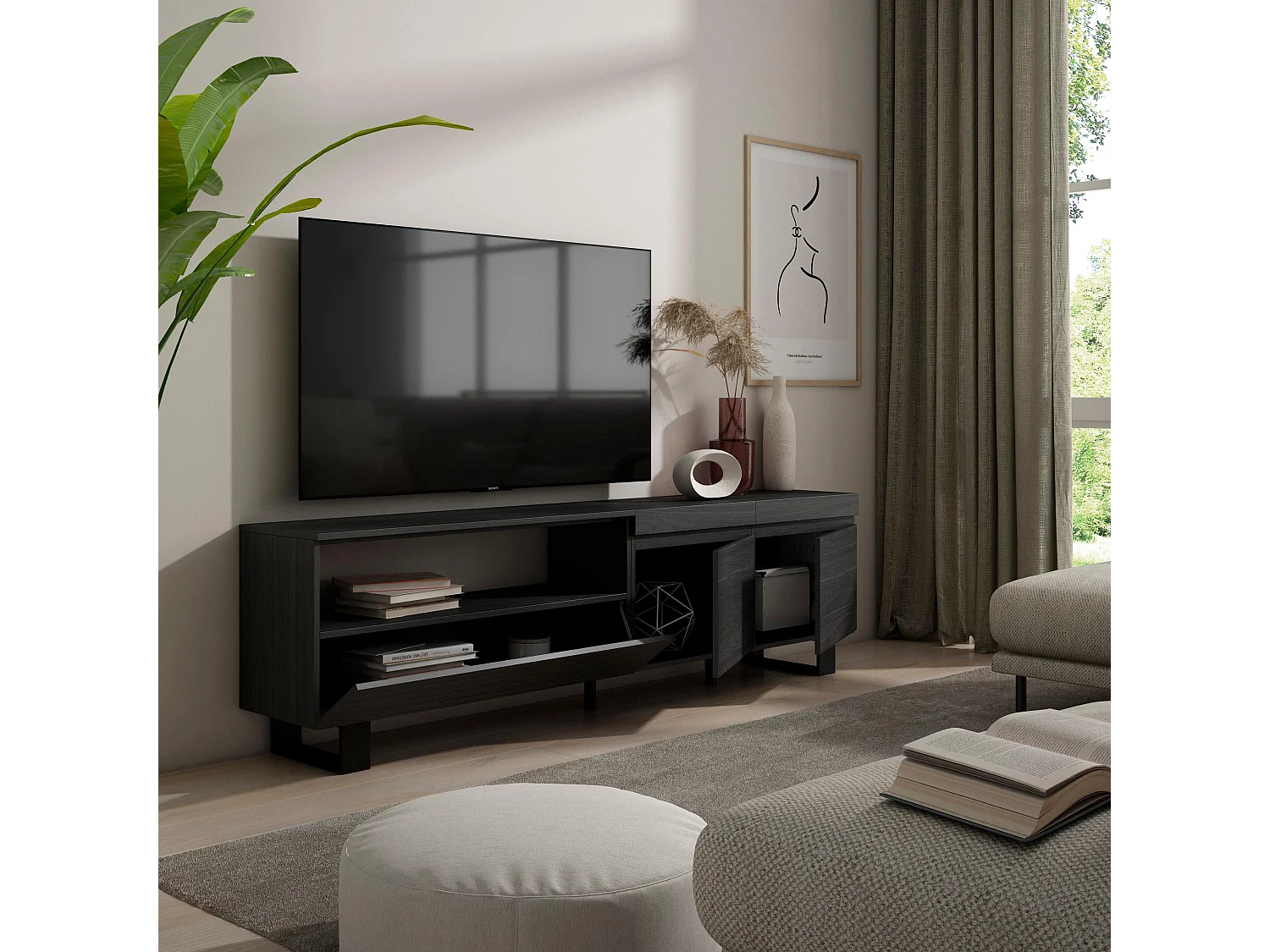 Meuble TV, Banc Télé, 200x35x57cm, Pour les TV jusqu'à 80", Design industriel, Noir