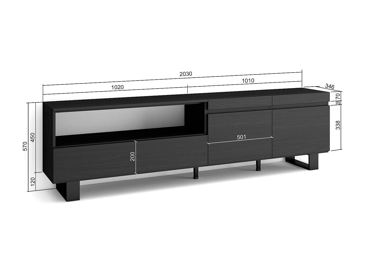 Meuble TV, Banc Télé, 200x35x57cm, Pour les TV jusqu'à 80", Design industriel, Noir