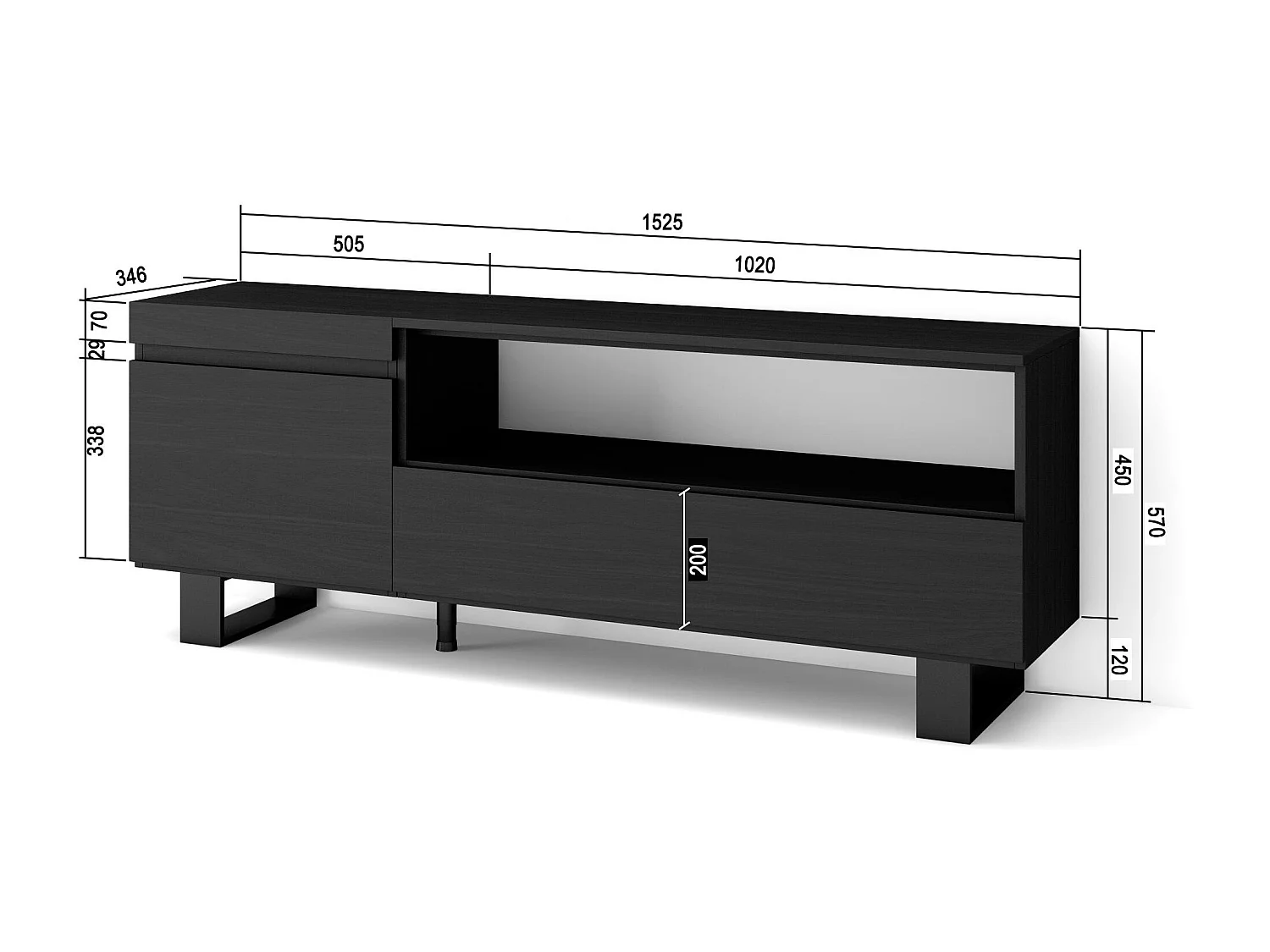 TV-Meubel, Lowboard, 150x35x57cm, Voor tv's tot 65", Industrieel design, Zwart