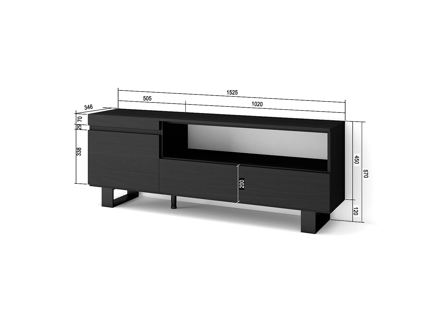 Meuble TV, Banc Télé, 150x35x57cm, Pour les TV jusqu'à 65", Design industriel, Noir