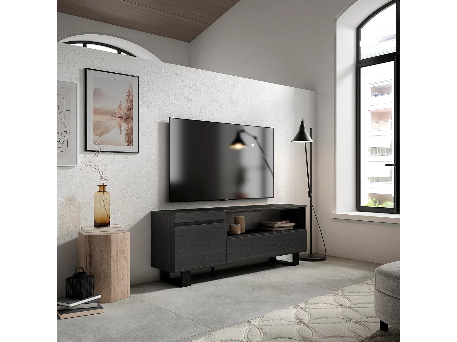 TV-Meubel, Lowboard, 150x35x57cm, Voor tv's tot 65", Industrieel design, Zwart