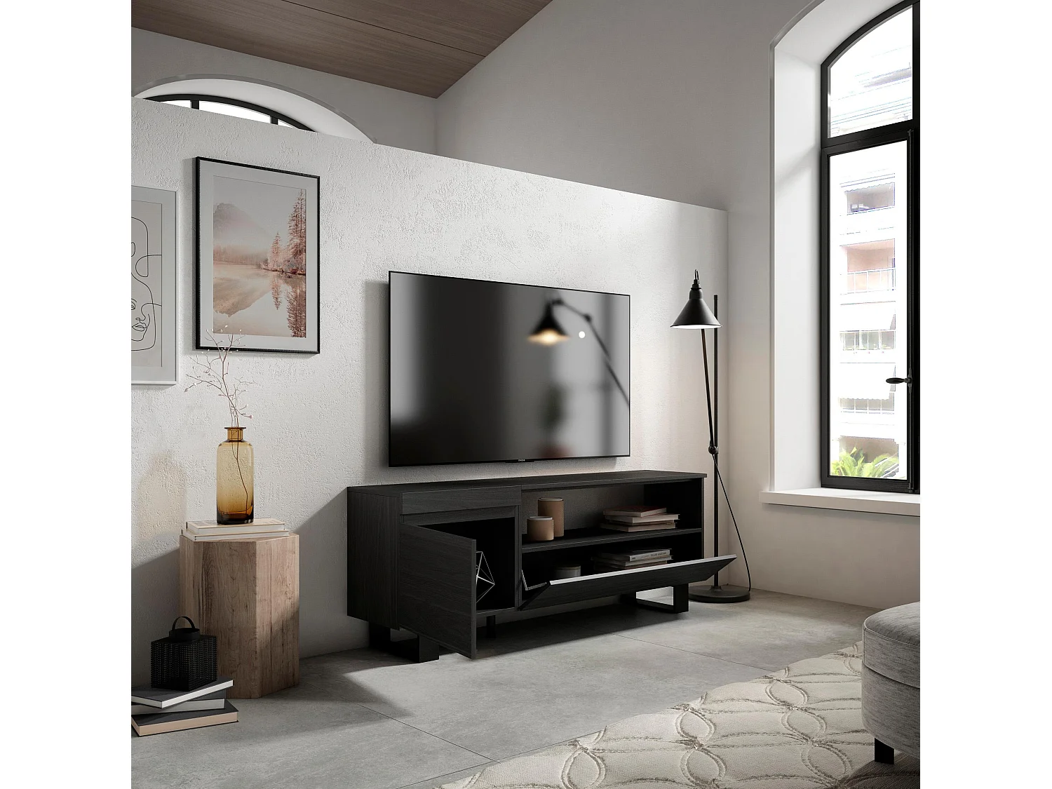 TV-Meubel, Lowboard, 150x35x57cm, Voor tv's tot 65", Industrieel design, Zwart