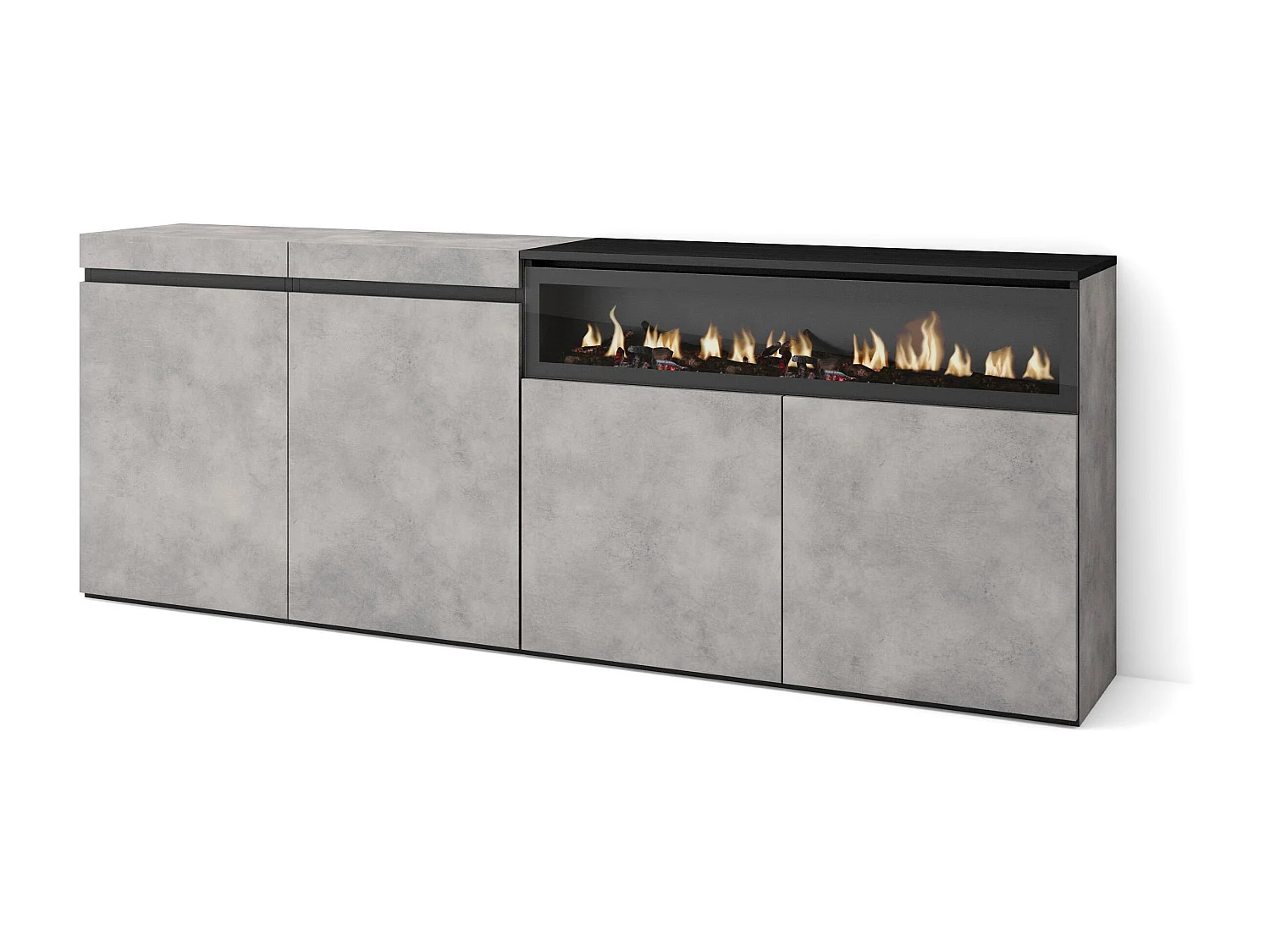 Dressoir, Opbergkast, 200x75x35cm, 4 Deuren, Elektrische haard, Cement