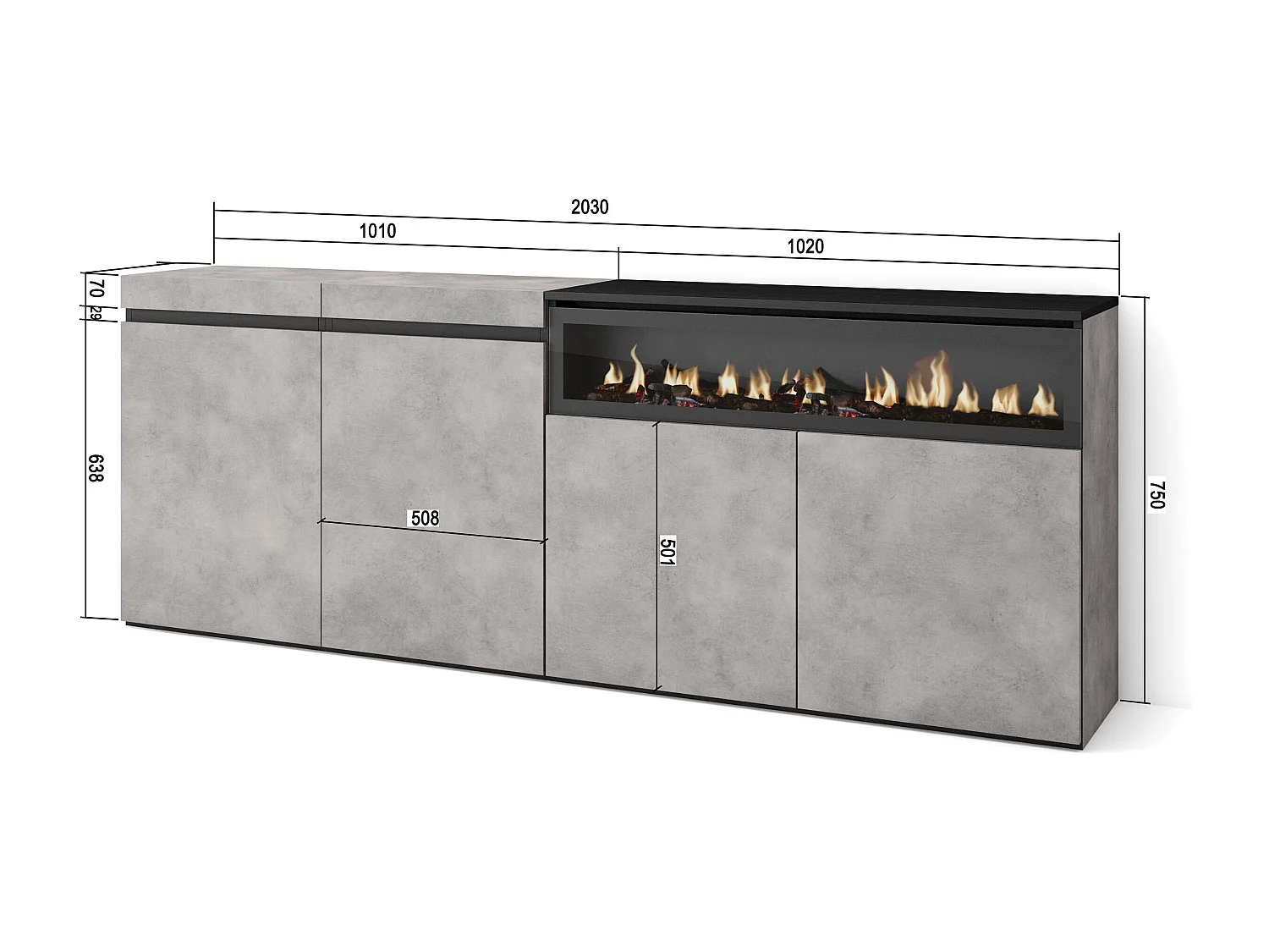Dressoir, Opbergkast, 200x75x35cm, 4 Deuren, Elektrische haard, Cement