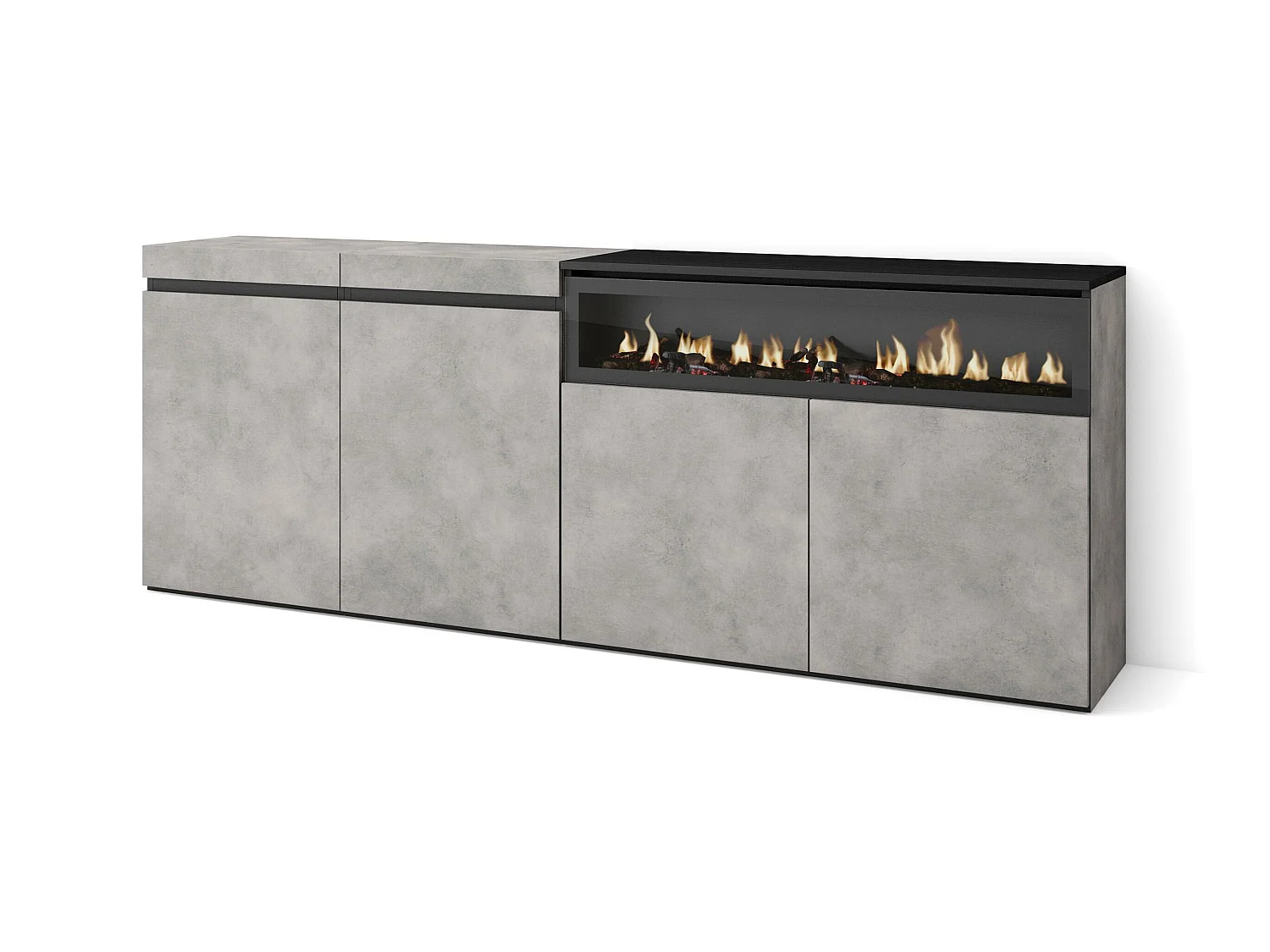 Buffet salon et cuisine, 200x75x35cm, 4 Portes, Cheminée électrique, Ciment