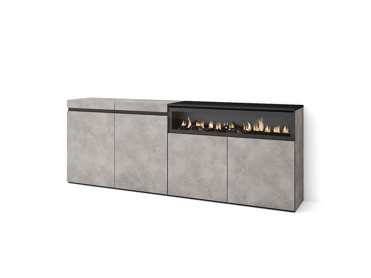 Dressoir, Opbergkast, 200x35x75cm, 4 Deuren, Elektrische haard, Cement