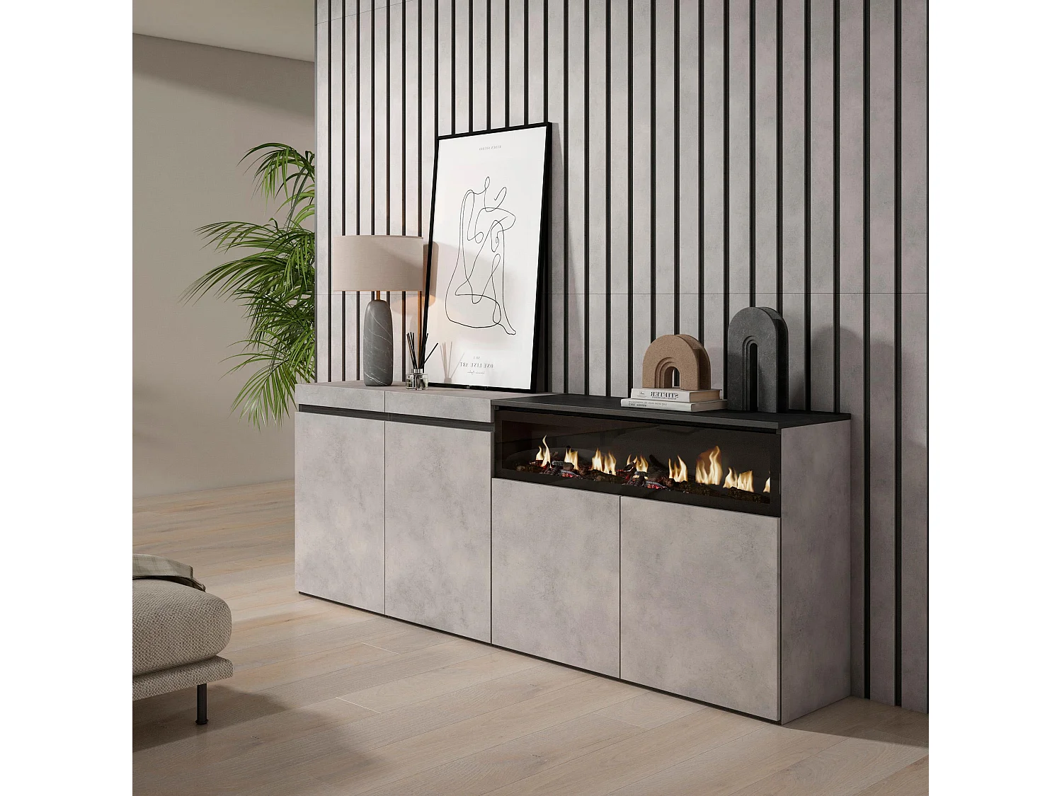 Dressoir, Opbergkast, 200x35x75cm, 4 Deuren, Elektrische haard, Cement