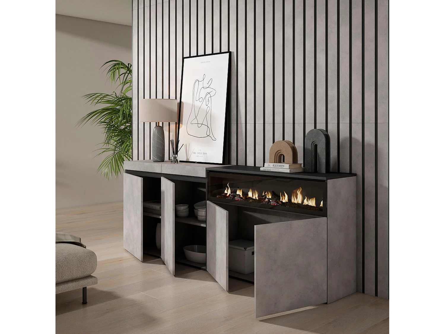 Dressoir, Opbergkast, 200x35x75cm, 4 Deuren, Elektrische haard, Cement