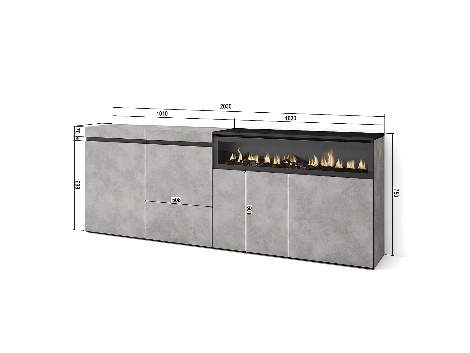 Dressoir, Opbergkast, 200x35x75cm, 4 Deuren, Elektrische haard, Cement