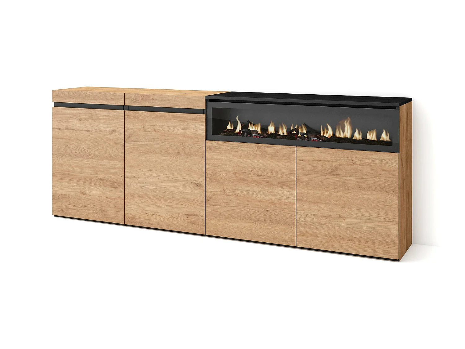 Buffet salon et cuisine, 200x75x35cm, 4 Portes, Cheminée électrique, Chêne et noir
