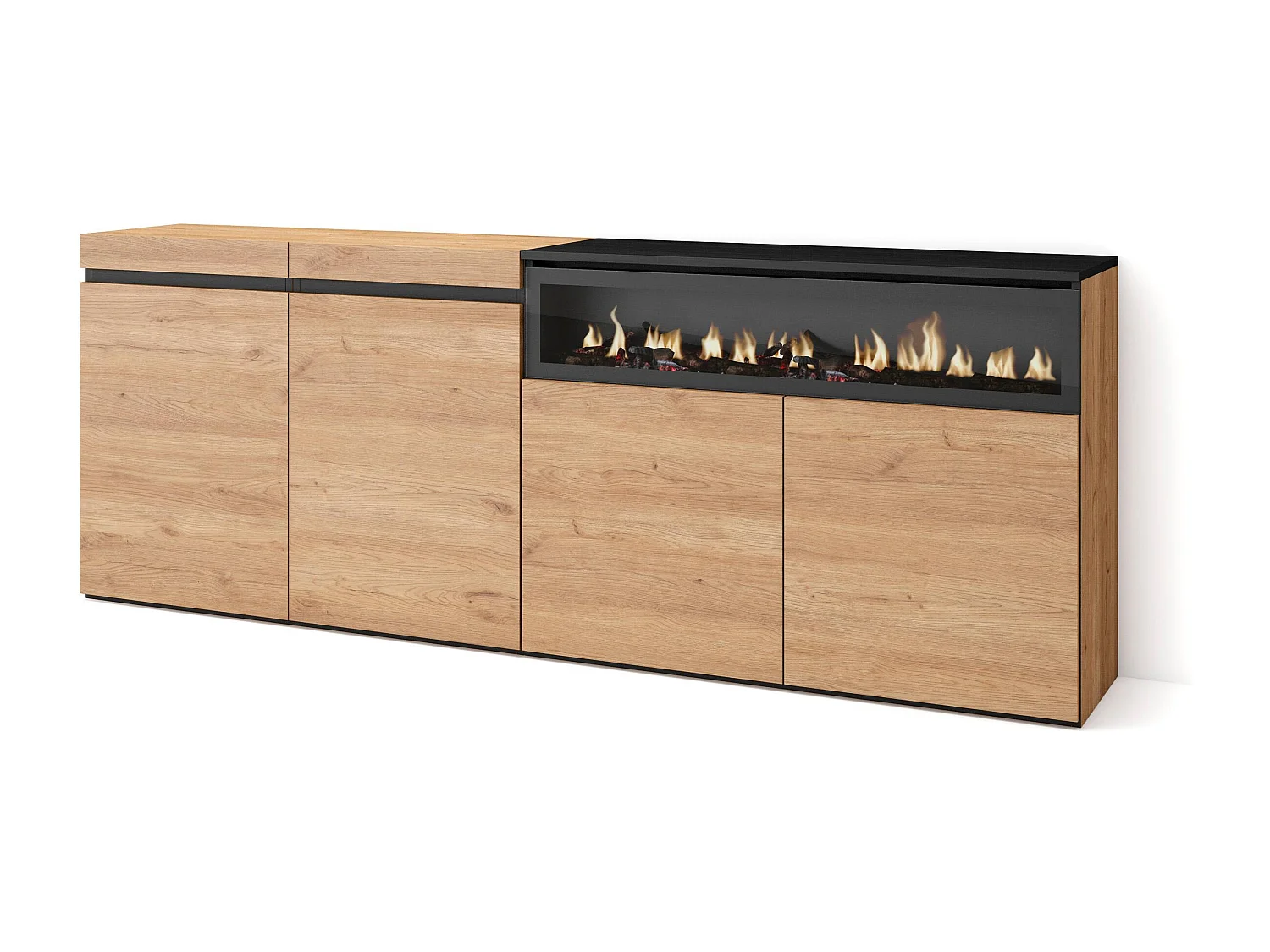 Buffet salon et cuisine, 200x75x35cm, 4 Portes, Cheminée électrique, Chêne et noir