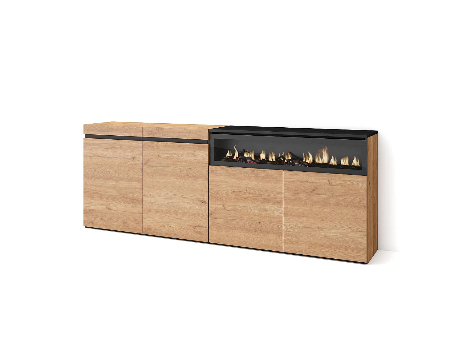 Aparadores para salón, 200x35x75cm, 4 Puertas, Chimenea eléctrica, Roble y negro