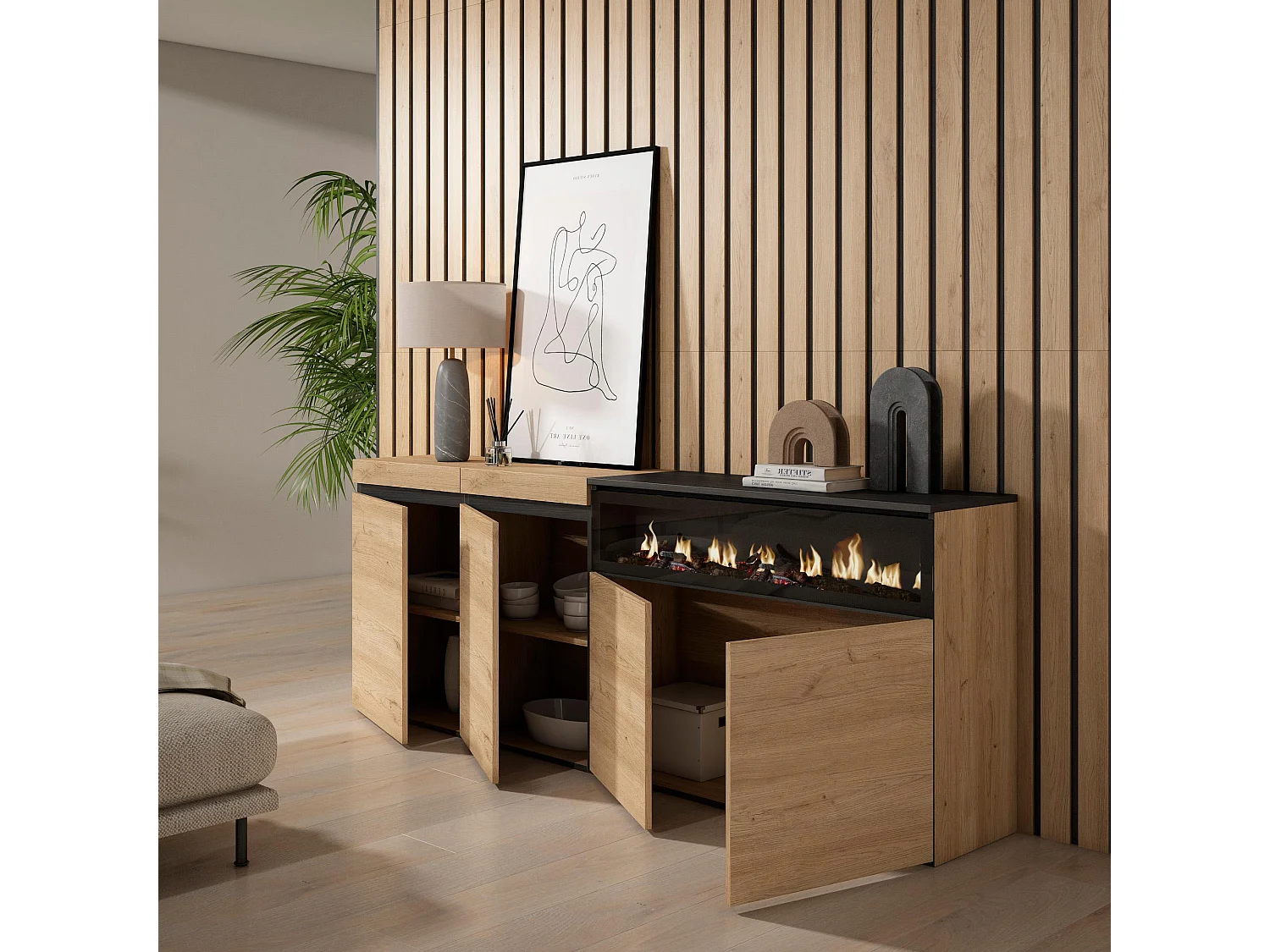 Aparadores para salón, 200x35x75cm, 4 Puertas, Chimenea eléctrica, Roble y negro