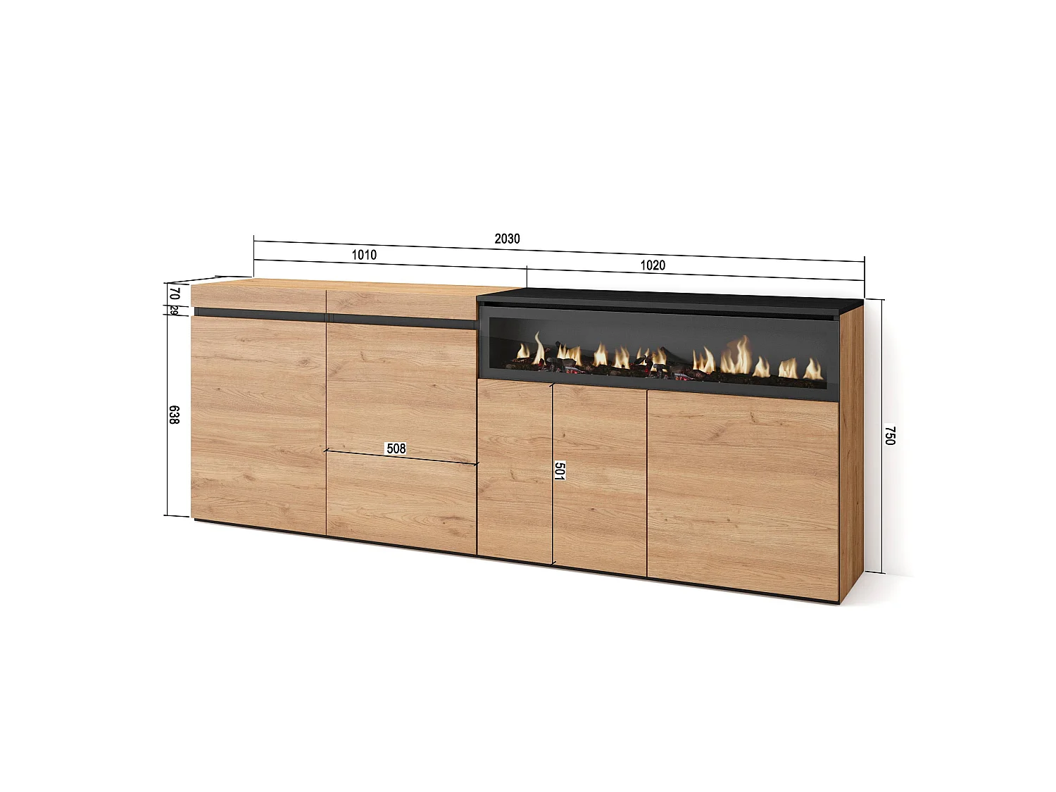 Aparadores para salón, 200x35x75cm, 4 Puertas, Chimenea eléctrica, Roble y negro