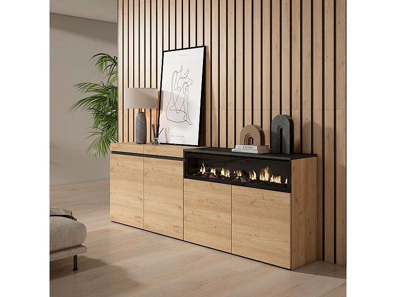 Buffet salon et cuisine, 200x75x35cm, 4 Portes, Cheminée électrique, Chêne et noir