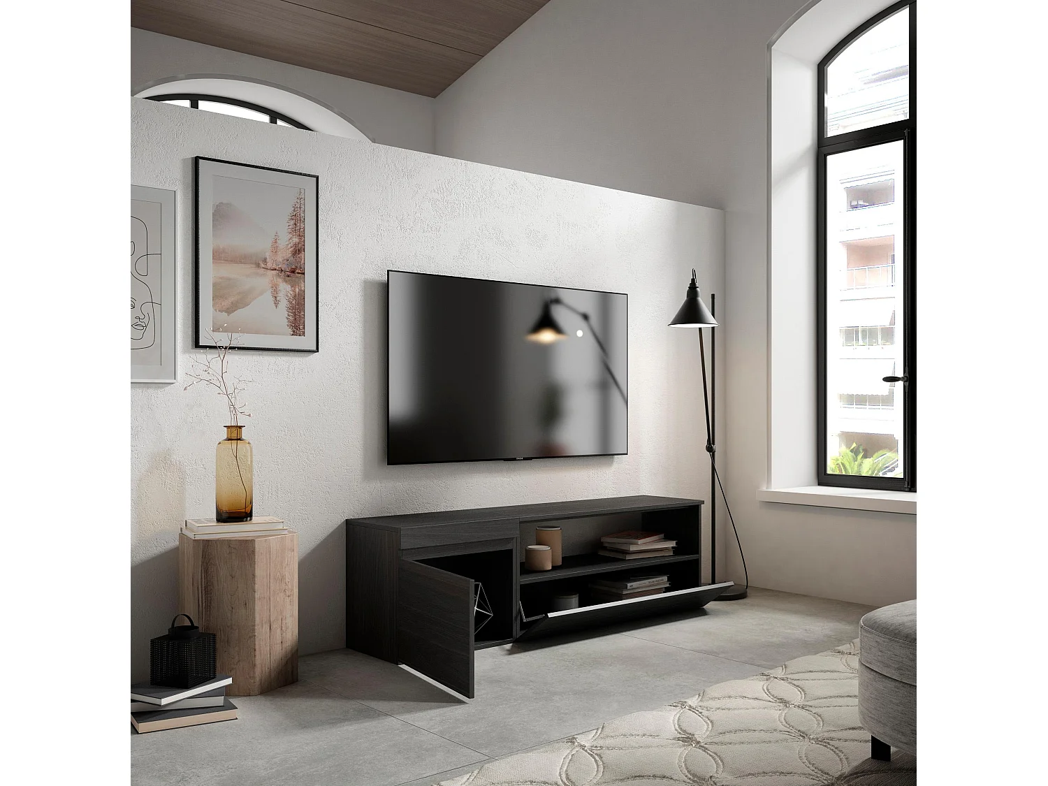 TV-Schrank, Lowboard, 150x35x45cm, Für TV-Geräte bis zu 65", Fernsehtisch, Schwarz