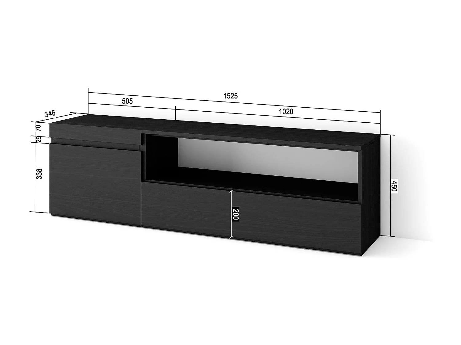 Meuble TV, Banc Télé, 150x35x45cm, Pour les TV jusqu'à 65", Meubles de salon, Noir