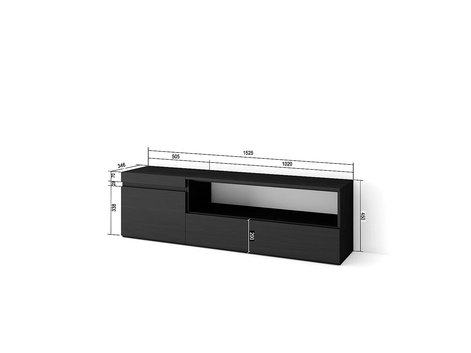 Meuble TV, Banc Télé, 150x35x45cm, Pour les TV jusqu'à 65", Meubles de salon, Noir