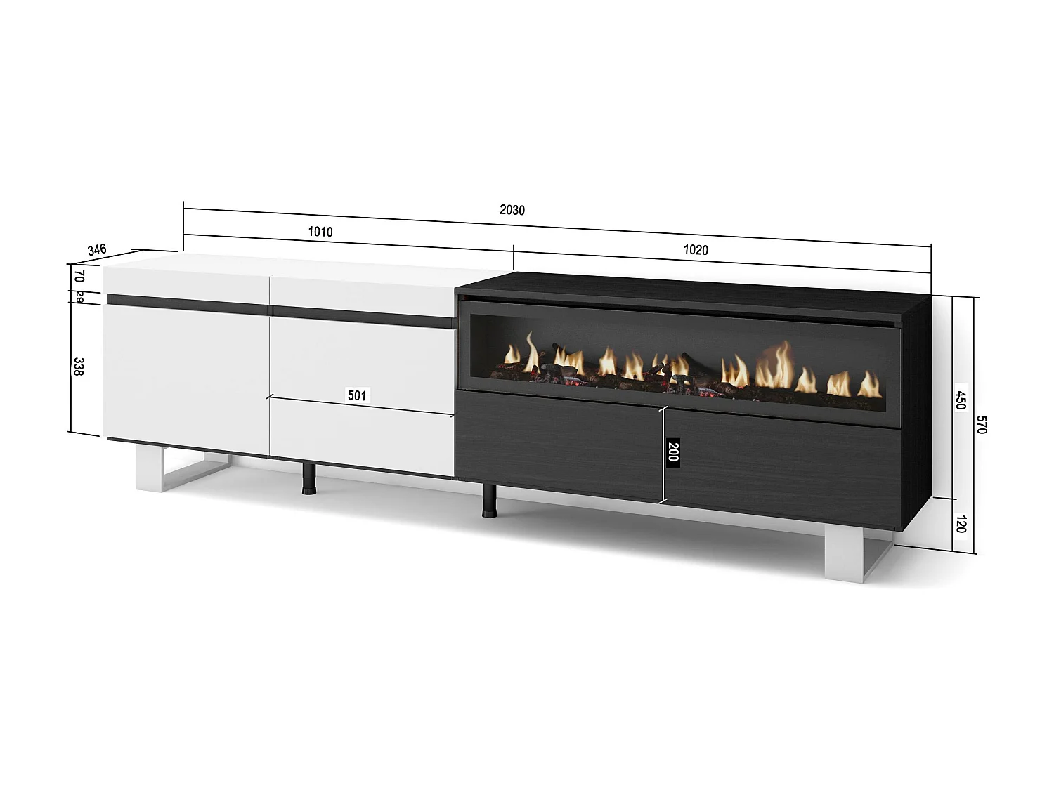 TV-Schrank, Lowboard, 200x35x57cm, Für TV-Geräte bis zu 80", Elektrokamin. , Industriedesign, Weiß und Schwarz