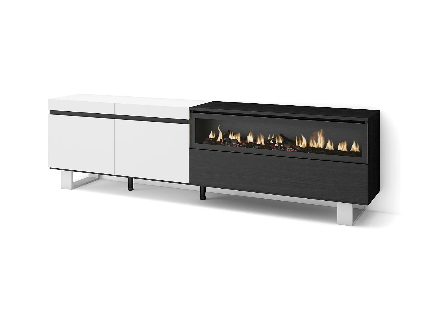 TV-Meubel, Lowboard, 200x35x57cm, Voor tv's tot 80", Elektrische haard, Industrieel design, Wit en Zwart