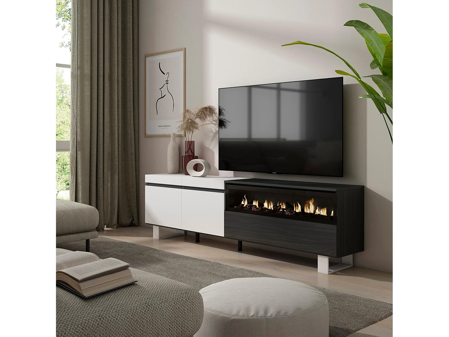 Meuble TV, Banc Télé, 200x35x57cm, Pour les TV jusqu'à 80", Cheminée électrique, Design industriel, Blanc et noir