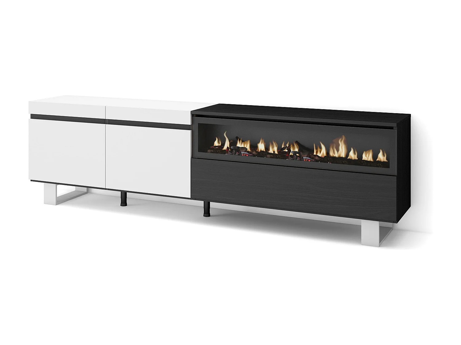 Meuble TV, Banc Télé, 200x35x57cm, Pour les TV jusqu'à 80", Cheminée électrique, Design industriel, Blanc et noir