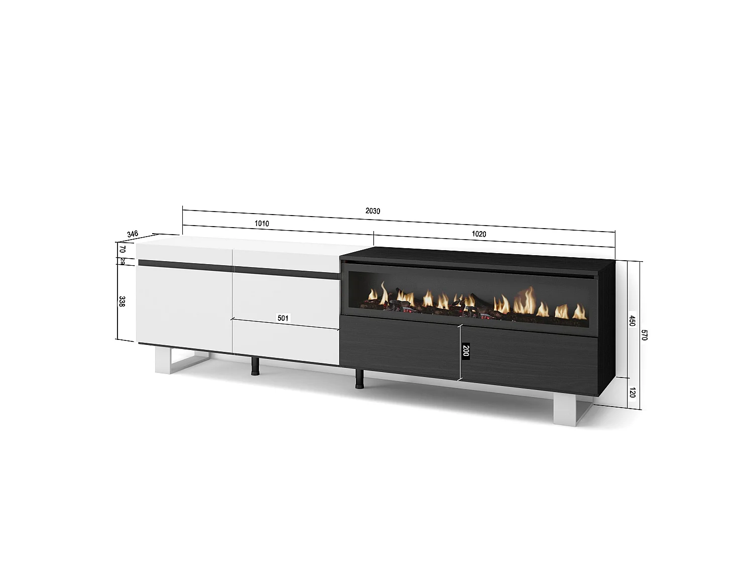 TV-Meubel, Lowboard, 200x35x57cm, Voor tv's tot 80", Elektrische haard, Industrieel design, Wit en Zwart