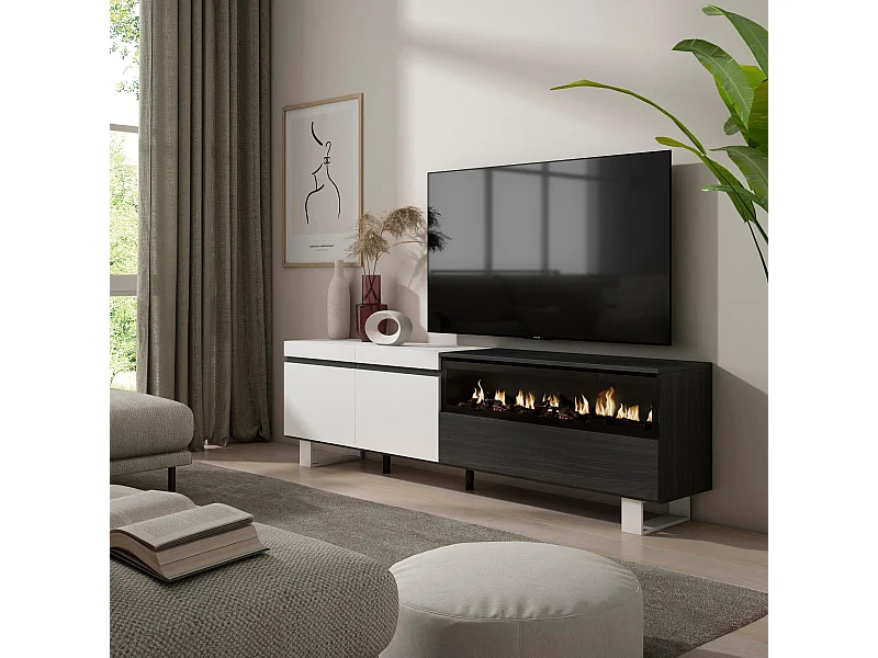 TV-Schrank, Lowboard, 200x35x57cm, Für TV-Geräte bis zu 80", Elektrokamin. , Industriedesign, Weiß und Schwarz