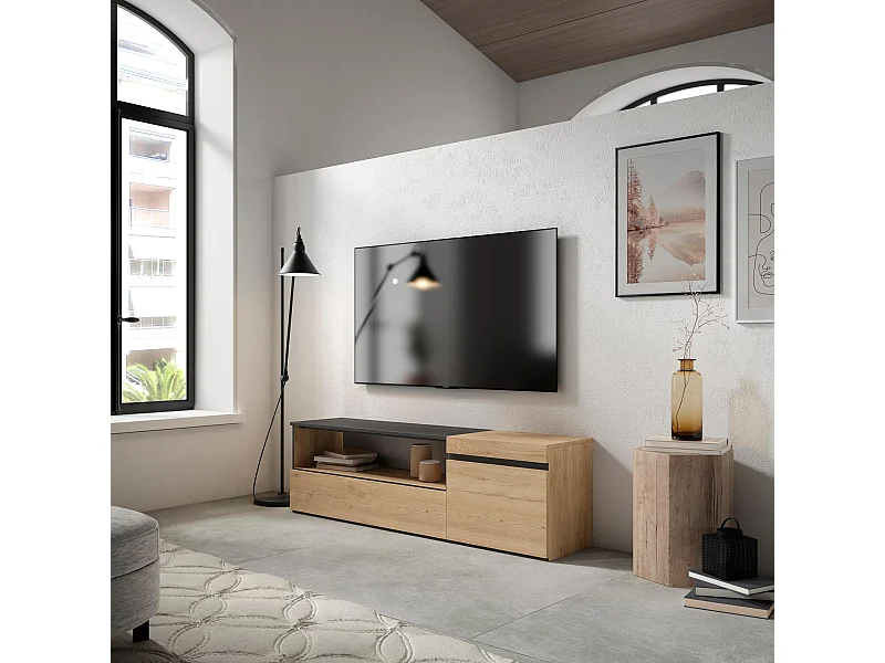 TV-Schrank, Lowboard, 150x35x45cm, Für TV-Geräte bis zu 65", Fernsehtisch, Eiche Schwarz