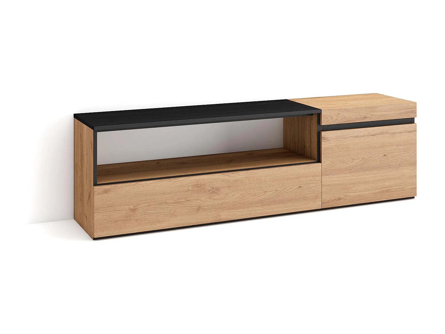 Mueble TV, Televisión, 150x35x45cm, Para TV hasta 65", Con almacenamiento, Roble y negro