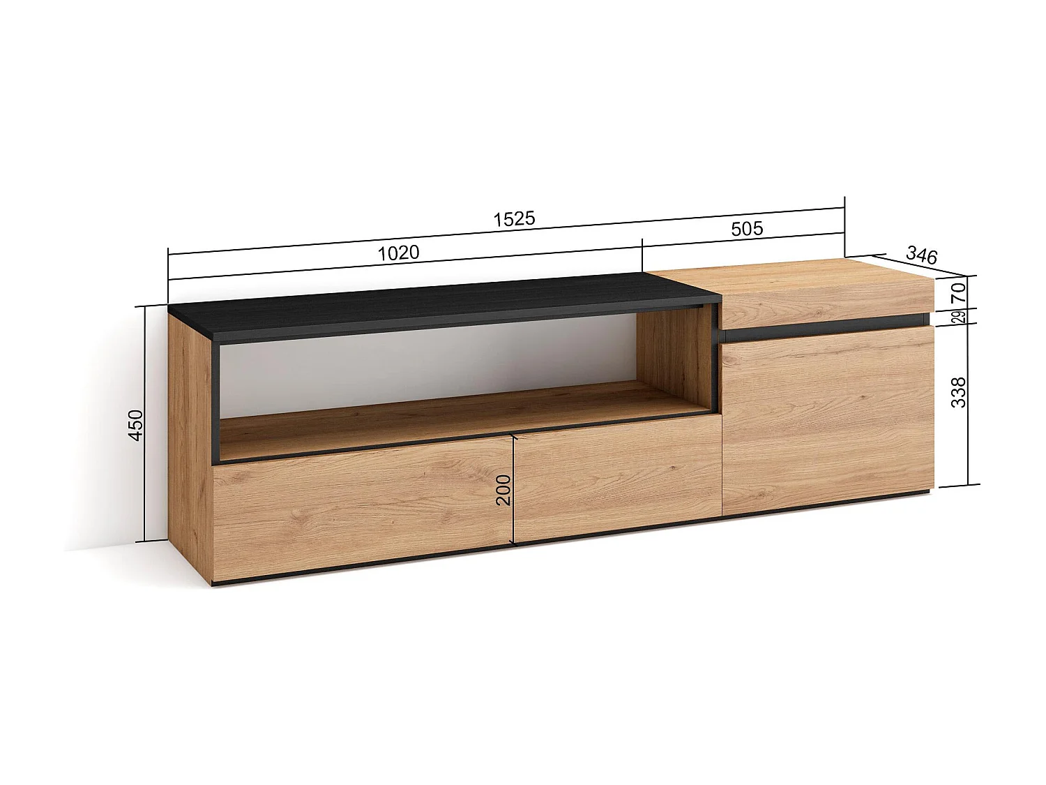 Mueble TV, Televisión, 150x35x45cm, Para TV hasta 65", Con almacenamiento, Roble y negro