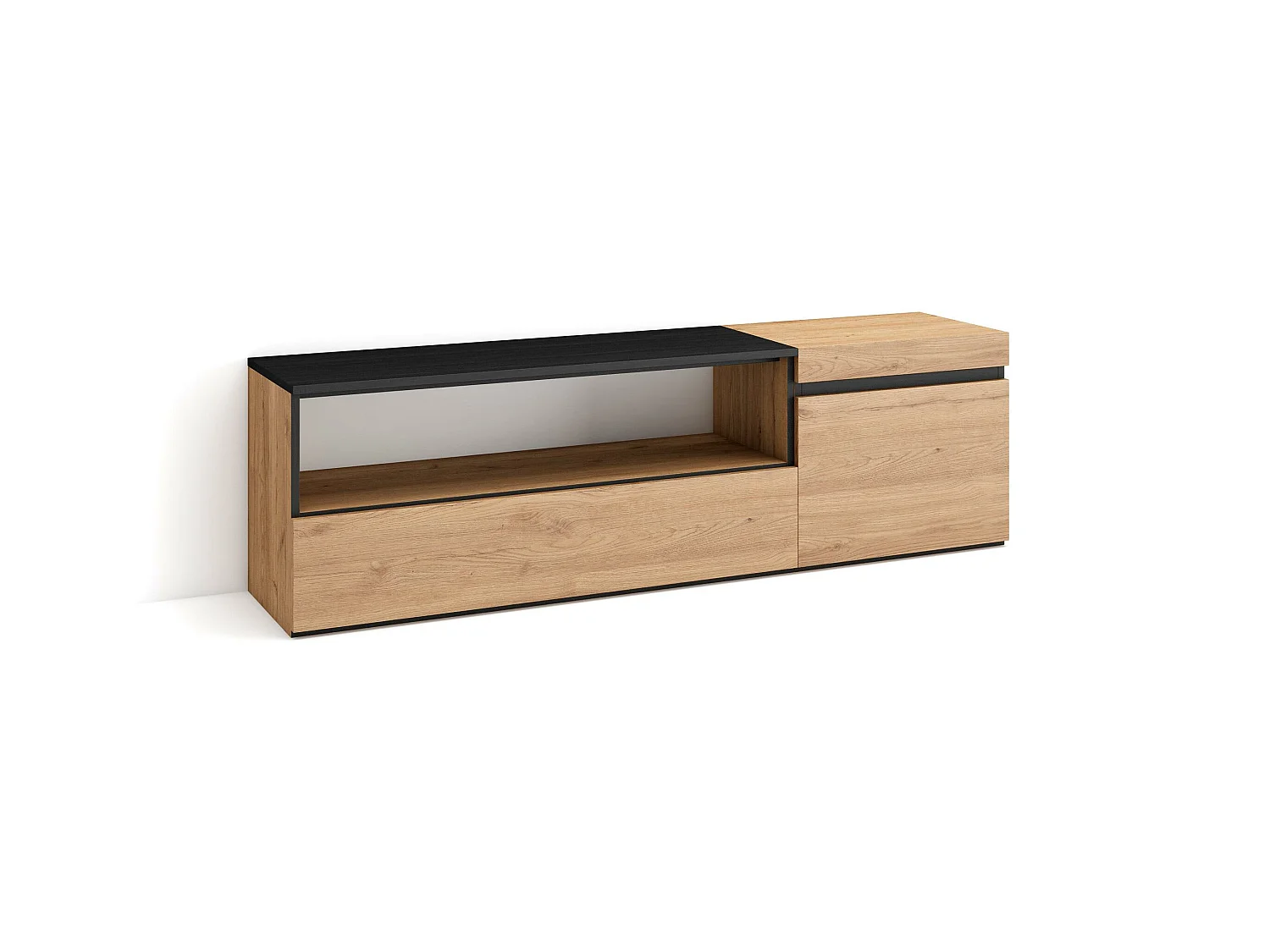 Meuble TV, Banc Télé, 150x35x45cm, Pour les TV jusqu'à 65", Meubles de salon, Chêne et noir