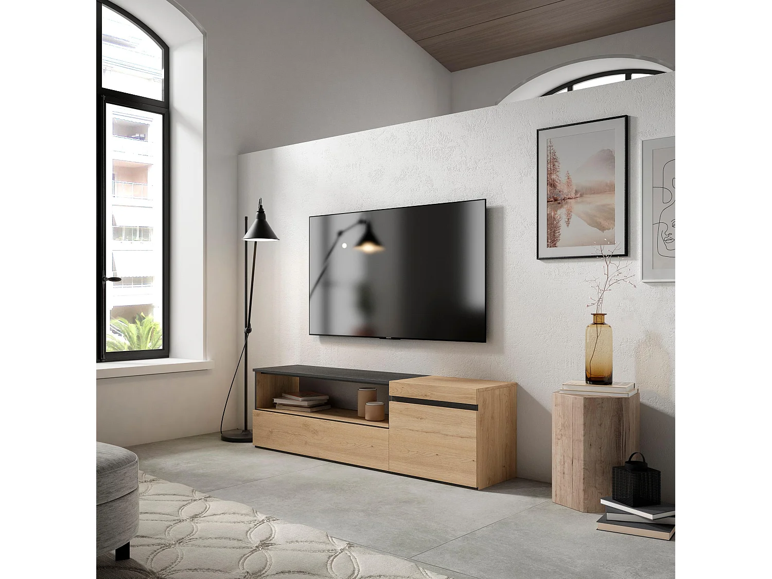 Meuble TV, Banc Télé, 150x35x45cm, Pour les TV jusqu'à 65", Meubles de salon, Chêne et noir