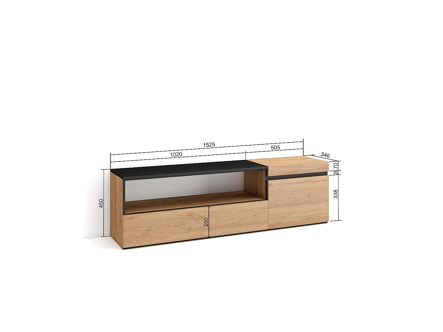 TV-Meubel, Lowboard, 150x35x45cm, Voor tv's tot 65", TV-Tafel, Eiken/Zwart
