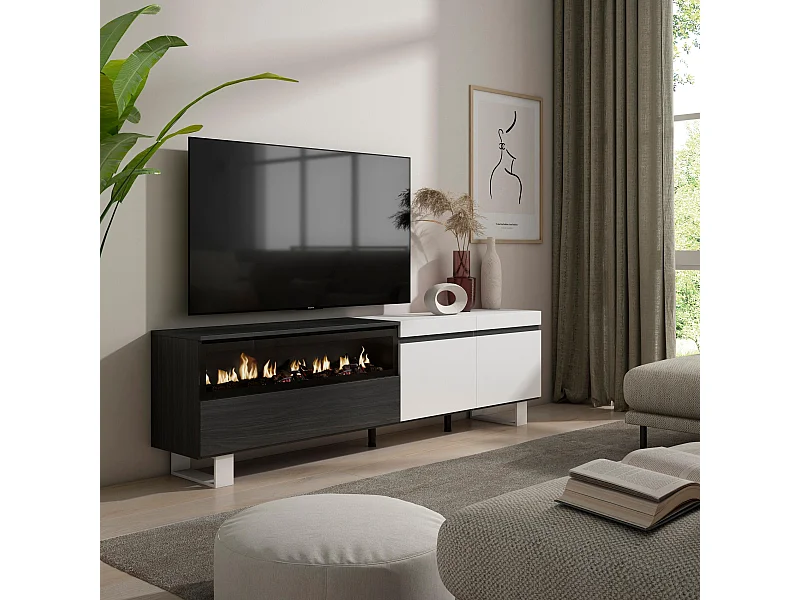 TV-Schrank, Lowboard, 200x35x57cm, Für TV-Geräte bis zu 80", Elektrokamin. , Industriedesign, Weiß und Schwarz