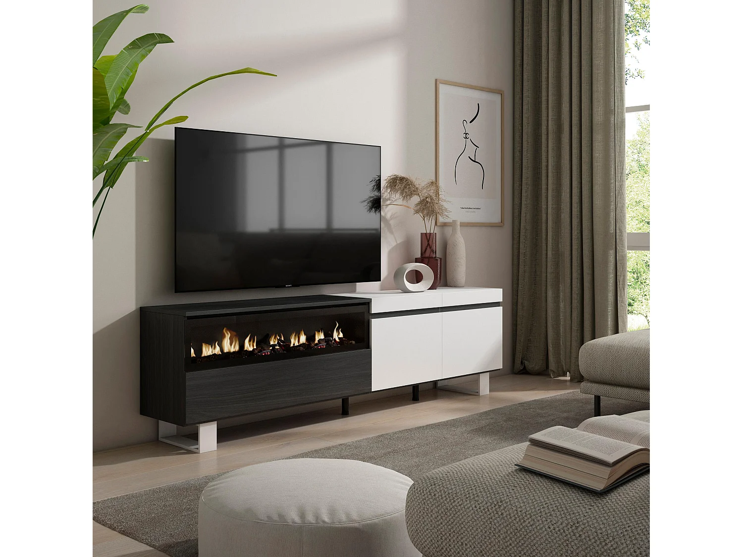 TV-Schrank, Lowboard, 200x35x57cm, Für TV-Geräte bis zu 80", Elektrokamin. , Industriedesign, Weiß und Schwarz