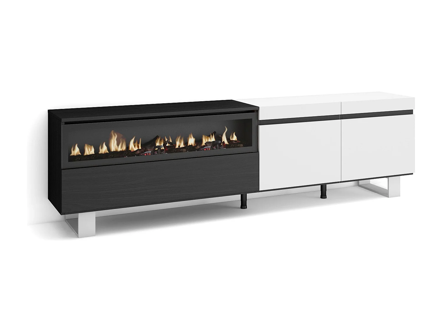 TV-Schrank, Lowboard, 200x35x57cm, Für TV-Geräte bis zu 80", Elektrokamin. , Industriedesign, Weiß und Schwarz