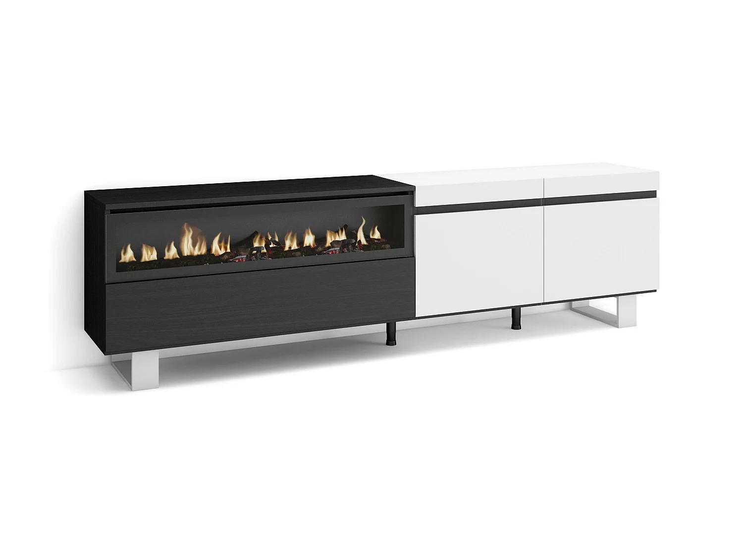 Meuble TV, Banc Télé, 200x35x57cm, Pour les TV jusqu'à 80", Cheminée électrique, Design industriel, Blanc et noir