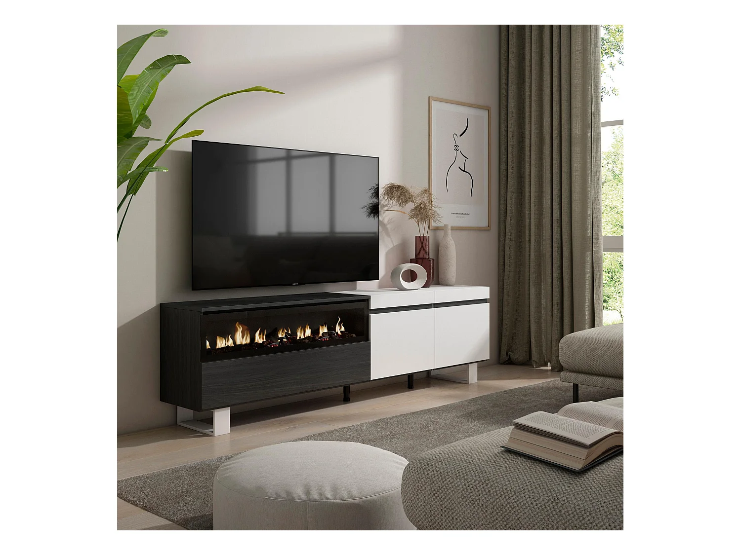 TV-Meubel, Lowboard, 200x35x57cm, Voor tv's tot 80", Elektrische haard, Industrieel design, Wit en Zwart