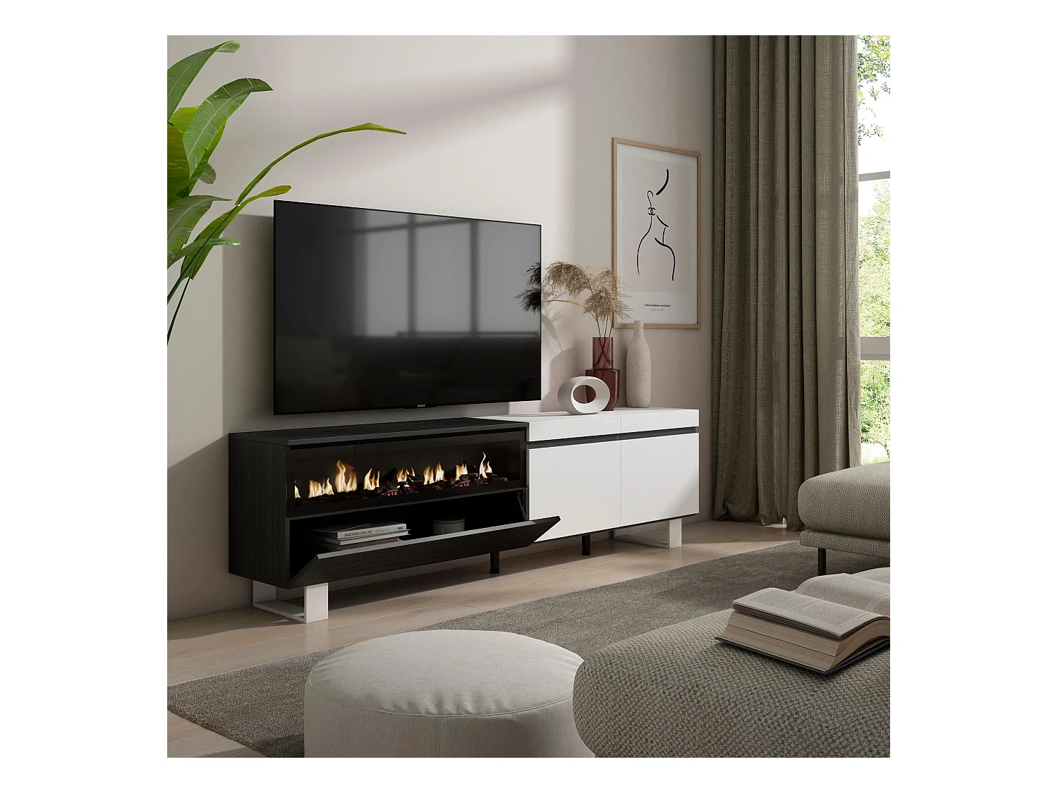 TV-Meubel, Lowboard, 200x35x57cm, Voor tv's tot 80", Elektrische haard, Industrieel design, Wit en Zwart