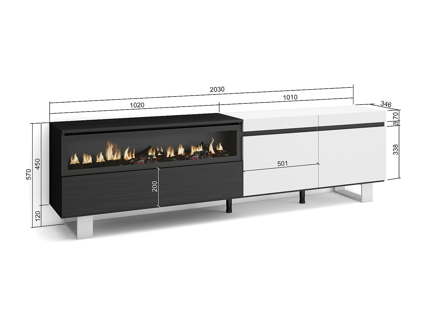 TV-Meubel, Lowboard, 200x35x57cm, Voor tv's tot 80", Elektrische haard, Industrieel design, Wit en Zwart