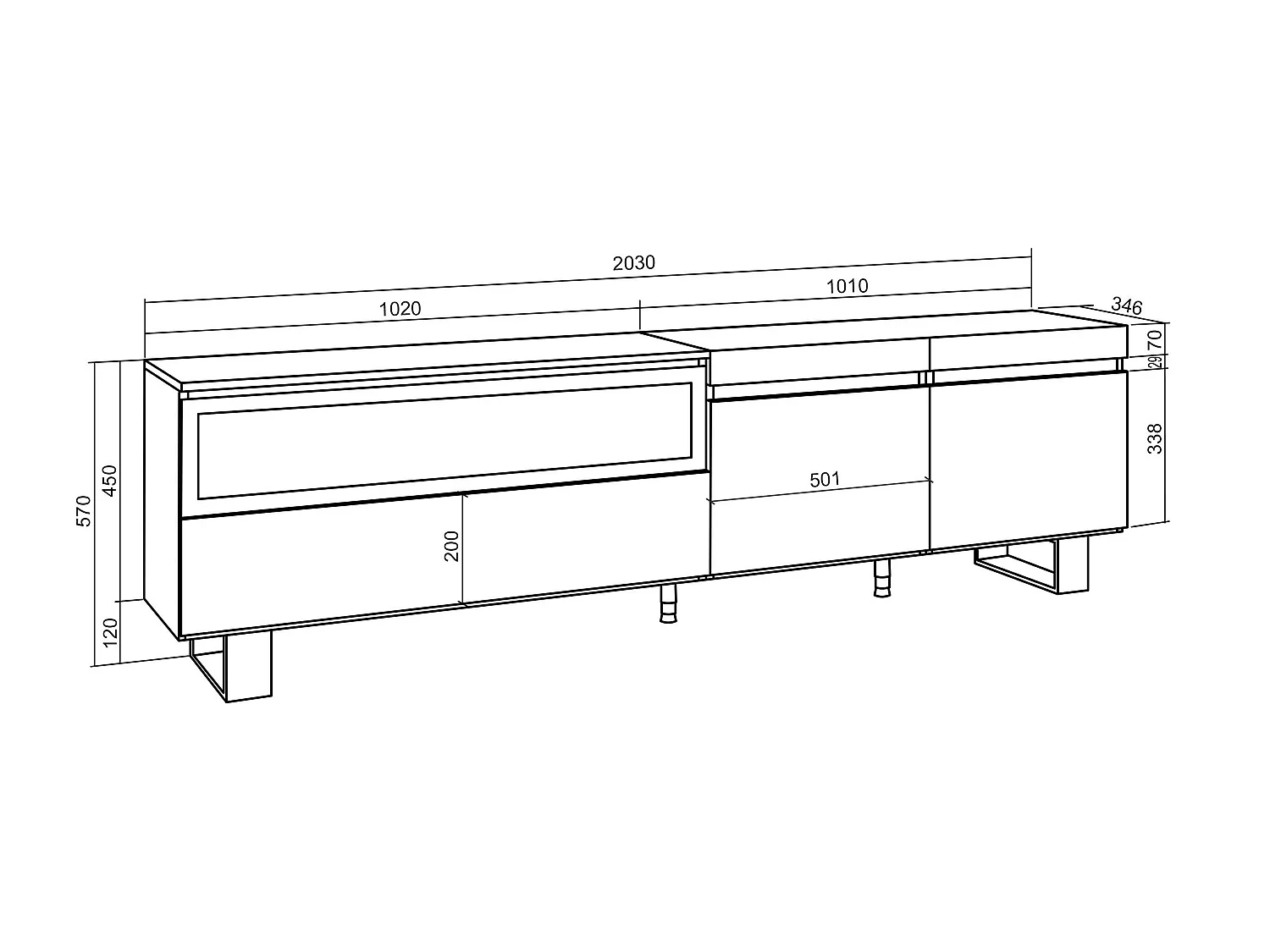 TV-Meubel, Lowboard, 200x35x57cm, Voor tv's tot 80", Elektrische haard, Industrieel design, Wit en Zwart